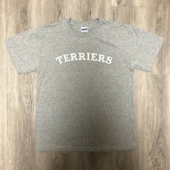Vintage Boston Terrier Spell Out T Shirt Heather Gray Tee Size Medium Dogs Y2K - Picture 1 of 7